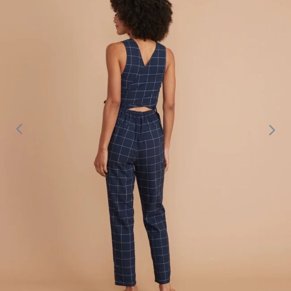 Marine Layer Navy Windowpane Eloise Belted Jumpsuit - Picture 2 of 7
